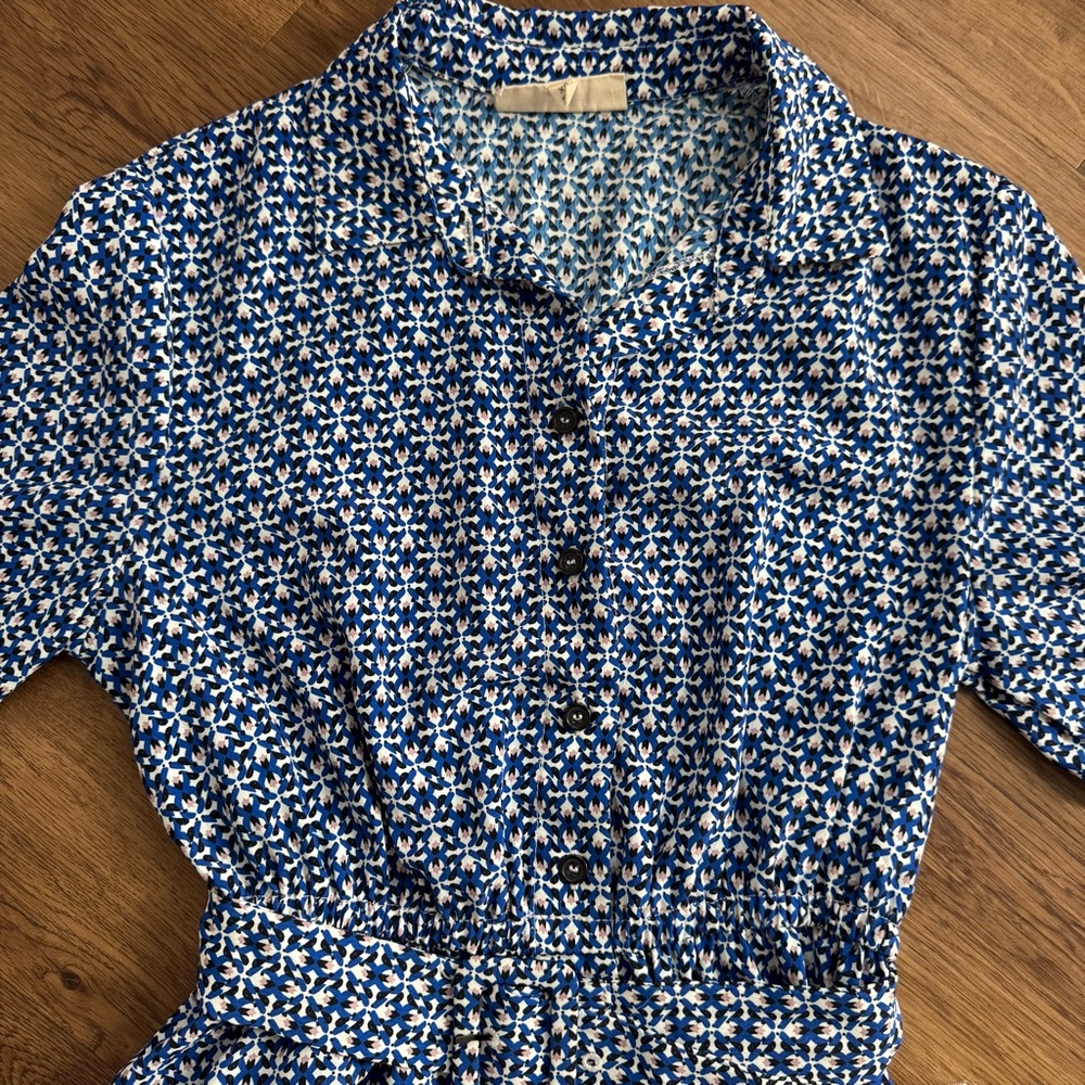 EUC - Melloday - Elegant Blue Patterned Women's Belted Midi Dress with Collar - Picture 4 of 11